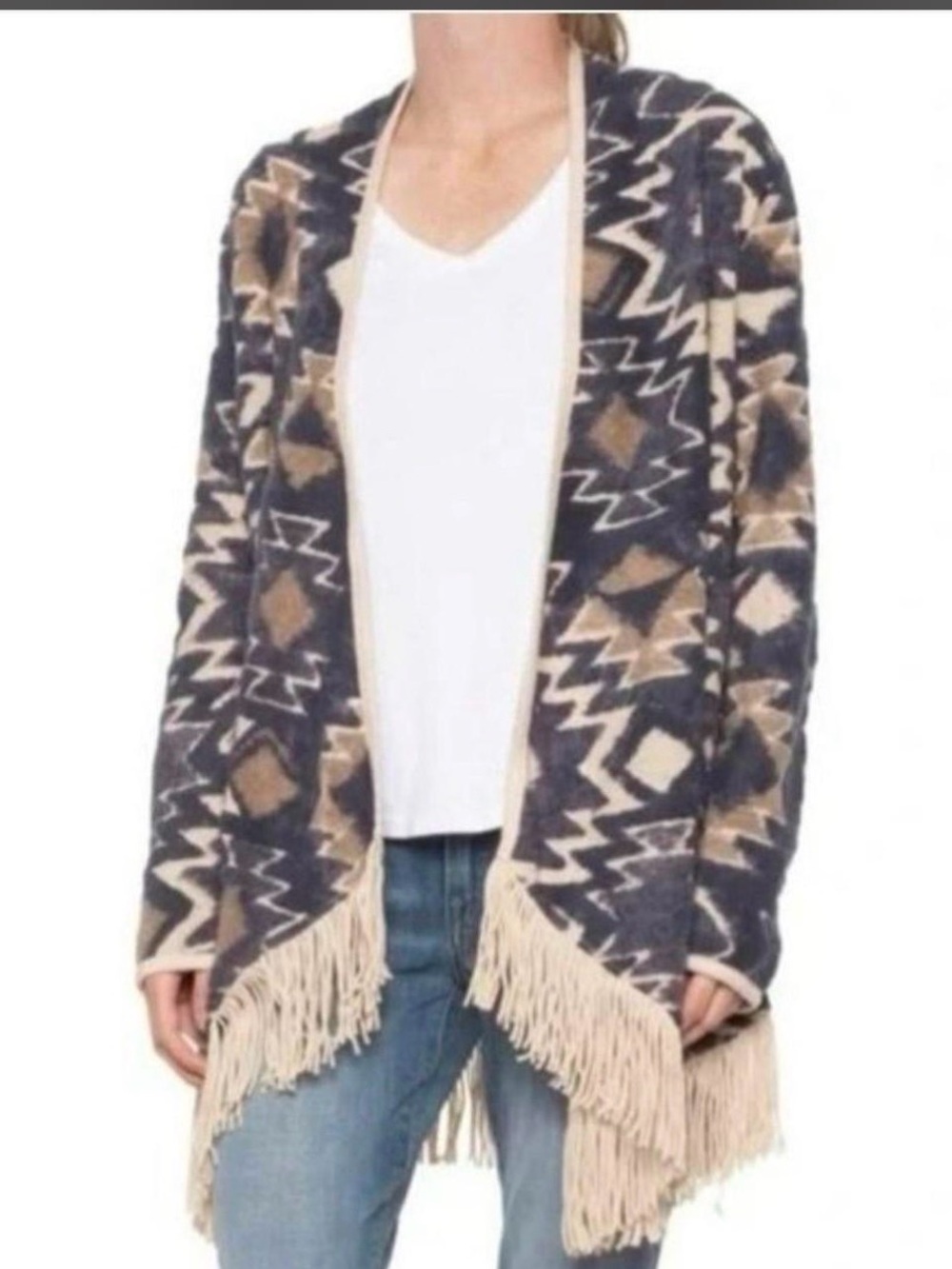 Lucky Brand Aztec Fringe Open-Front Cardigan - Navy & Tan Large